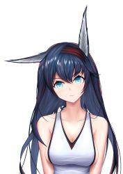 Rule 34 | 1girl, animal ears, arknights, bare shoulders, blaze (arknights), blue eyes, blue hair, breasts, cleavage, closed mouth, collarbone, constantine-xii, hair between eyes, long hair, looking at viewer, medium breasts, shirt, smile, solo, upper body, white background, white shirt