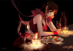 Rule 34 | 1girl, alcohol, bottle, breasts, brown hair, candle, caracoro, cleavage, closed eyes, cup, dark, drinking glass, food, fork, glowing, light, meiko (vocaloid), midriff, plate, shawl, short hair, signature, sitting, sleeveless, smile, solo, sparkle, table, vocaloid, wine, wine bottle, wine glass