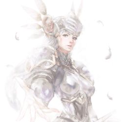Rule 34 | 1girl, armor, armored dress, blue armor, breasts, feathers, helmet, kazama raita, lenneth valkyrie, long hair, looking at viewer, open mouth, silver hair, simple background, solo, valkyrie, valkyrie profile (series), very long hair, white background, winged helmet