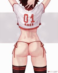 Rule 34 | 1girl, arm behind head, arms up, ass, ass focus, bikini, bikini bottom only, black thighhighs, bluefield, cameltoe, clothes writing, crop top, facing away, from behind, head out of frame, highres, jersey, patreon logo, patreon username, print shirt, pussy, pussy peek, red hair, ruby rose, rwby, shirt, short hair, side-tie bikini bottom, sweat, swimsuit, thighhighs, thighs, thong, twitter username, w, watermark, web address