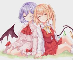 Rule 34 | 2girls, ascot, bat wings, blonde hair, brooch, crystal, dress, closed eyes, feet out of frame, flandre scarlet, grey background, happy, jewelry, long sleeves, multiple girls, no headwear, one side up, pink dress, red ascot, red skirt, red vest, remilia scarlet, ribbon, shiromoru (yozakura rety), siblings, simple background, sisters, sitting, skirt, skirt set, sleeping, smile, touhou, vest, wariza, wings, yellow ribbon