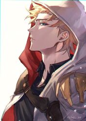 Rule 34 | 1boy, aqua eyes, bags under eyes, bishounen, black shirt, blonde hair, cape, chromatic aberration, collared shirt, commentary, empty eyes, expressionless, from side, gold trim, granblue fantasy, highres, hood, hood up, jacket, light frown, light particles, looking at viewer, male focus, messy hair, official alternate costume, sakuraba taku, seofon (granblue fantasy), shirt, short hair, shoulder belt, solo focus, white background, white cape, white jacket