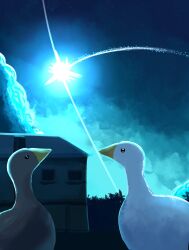 Rule 34 | bird, building, commentary, duck, ducks looking up at a meteor (meme), english commentary, falling star, highres, kirbyearthbound, meme, night, no humans, original, outdoors, photo-referenced, sky
