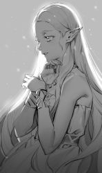 Rule 34 | 1girl, bangle, bare shoulders, bracelet, breasts, dress, gam922, gem, grey background, greyscale, highres, jewelry, long hair, looking to the side, medium breasts, monochrome, necklace, nintendo, own hands together, parted bangs, parted lips, pointy ears, princess zelda, solo, strapless, strapless dress, the legend of zelda, the legend of zelda: breath of the wild, upper body