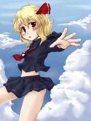Rule 34 | 1girl, alternate costume, blonde hair, blush, bow, cloud, day, embodiment of scarlet devil, face, fang, female focus, foreshortening, hair bow, kuon846, kuon yashiro, midriff, navel, open mouth, outstretched arms, red eyes, rumia, school uniform, serafuku, short hair, skirt, sky, solo, spread arms, touhou
