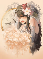 Rule 34 | 1girl, bare shoulders, bouquet, breasts, bridal veil, bride, brown hair, chinese text, cleavage, clock, closed eyes, commentary, crying, dress, elbow gloves, eyelashes, flower, gears, gloves, hair between eyes, hair flower, hair ornament, hand on own face, hand up, highres, jewelry, kuroduki (pieat), long hair, medium breasts, necklace, open mouth, original, rose, sad, sobbing, solo, strapless, strapless dress, tears, teeth, upper body, veil, wedding dress, white dress, white flower, white gloves, white rose