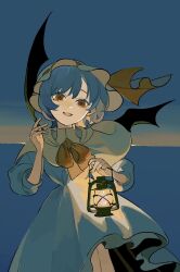 Rule 34 | 1girl, ascot, bat wings, black ribbon, blue hair, bow, capelet, dee (tannsumi), dress, green capelet, hair between eyes, hat, hat ribbon, highres, holding, holding lantern, lantern, long sleeves, looking at viewer, mob cap, red ascot, red bow, red eyes, remilia scarlet, ribbon, short hair, smile, solo, touhou, white dress, wings