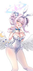 Rule 34 | 1girl, angel wings, animal ears, blue archive, blue bow, blue bowtie, blush, bow, bowtie, breasts, cleavage, commentary, covered navel, detached collar, fake animal ears, feathered wings, feet out of frame, flower, hair bun, hair flower, hair ornament, halo, highres, ichiyou moka, large breasts, leotard, long hair, looking at viewer, mika (blue archive), open mouth, pantyhose, pink hair, pink halo, purple flower, rabbit ears, simple background, single side bun, smile, solo, strapless, strapless leotard, white background, white leotard, white pantyhose, white wings, wings, yellow eyes