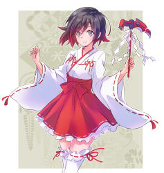 Rule 34 | 1girl, absurdres, adapted object, alternate costume, black hair, crescent rose, dress, feet out of frame, frilled dress, frills, gradient hair, grey eyes, highres, holding, holding scythe, holding weapon, iesupa, japanese clothes, looking at viewer, messy hair, miko, multicolored hair, red hair, red ribbon, ribbon, ruby rose, rwby, scythe, shinto, short hair, smile, solo, thighhighs, two-tone hair, weapon, white thighhighs