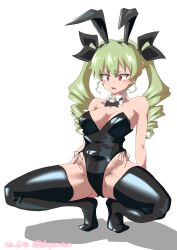 Rule 34 | 1girl, absurdres, anchovy (girls und panzer), animal ears, black bow, black bowtie, black leotard, black ribbon, black thighhighs, bow, bowtie, breasts, collar, commentary request, dated, detached collar, drill hair, drops mint, fake animal ears, girls und panzer, green hair, hair ribbon, highleg, highleg leotard, highres, leotard, light frown, long hair, medium breasts, open mouth, partial commentary, playboy bunny, red eyes, ribbon, shadow, side-tie leotard, simple background, solo, squatting, strapless, strapless leotard, sweatdrop, thighhighs, twin drills, twintails, twitter username, white background, white collar, wing collar, wrist cuffs