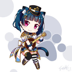 Rule 34 | &gt;:), 1girl, animal ear fluff, animal ears, asymmetrical legwear, banjo, belt collar, black hat, black thighhighs, blue collar, blue hair, blue skirt, blush, boots, bow, brown footwear, cat ears, cat girl, cat tail, center frills, closed mouth, collar, eighth note, fortissimo, frilled boots, frills, fur-trimmed gloves, fur trim, gloves, hair ornament, hat, head tilt, highres, holding, holding instrument, instrument, jacket, kemonomimi mode, knee boots, langbazi, looking at viewer, love live!, love live! school idol festival, love live! sunshine!!, mismatched legwear, musical note, musical note hair ornament, peaked cap, pleated skirt, puffy short sleeves, puffy sleeves, shirt, short sleeves, signature, skirt, smile, solo, striped clothes, striped thighhighs, tail, thighhighs, tsushima yoshiko, twintails, white bow, white gloves, white jacket, white shirt