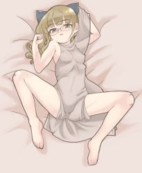 Rule 34 | 1girl, :o, animal ears, barefoot, bed sheet, blush, breasts, brown eyes, brown hair, cat ears, feet, from above, glasses, looking at viewer, lying, medium breasts, on back, parted lips, perrine h. clostermann, solo, spread legs, strike witches, toes, tomo (f2000), world witches series
