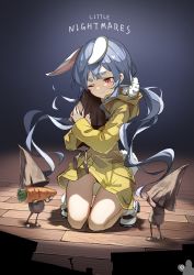 Rule 34 | 1girl, absurdres, animal ears, blue background, blue hair, brat (brabrabrat00), carrot, closed mouth, cosplay, english text, full body, gradient background, highres, hololive, hood, hoodie, hug, indoors, little nightmares, long hair, long sleeves, looking at another, looking down, nome (little nightmares), non-web source, one eye closed, orange eyes, rabbit ears, rabbit girl, rabbit tail, short eyebrows, six (little nightmares), six (little nightmares) (cosplay), smile, squatting, stage, tail, thick eyebrows, twintails, usada pekora, very long hair, virtual youtuber, white footwear, wooden floor, yellow hoodie, yellow raincoat