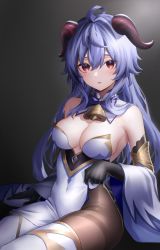 Rule 34 | 1girl, absurdres, ahoge, bare shoulders, bell, black background, black gloves, black pantyhose, blue hair, breasts, cleavage, commentary request, cowbell, cowboy shot, detached collar, detached sleeves, ganyu (genshin impact), genshin impact, gloves, goat horns, gold trim, gradient background, gradient eyes, hair between eyes, highres, horns, long hair, long sleeves, looking at viewer, medium breasts, multicolored eyes, neck bell, neit ni sei, pantyhose, parted lips, pelvic curtain, purple eyes, revision, sidelocks, sitting, solo, thighhighs, thighhighs over pantyhose, thighs, white sleeves, white thighhighs, wide sleeves
