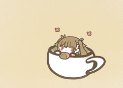 Rule 34 | 1girl, azur lane, bite mark, chibi, cup, food, formidable (azur lane), hair ribbon, holding, holding food, in container, in cup, koti, long hair, red eyes, ribbon, simple background, solo, twintails, yellow background