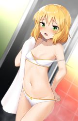 Rule 34 | 1girl, bad id, bad pixiv id, bare arms, blonde hair, blush, bra, breasts, cameltoe, copiz, day, dot nose, dripping, dutch angle, furrowed brow, green eyes, highres, holding, holding towel, idolmaster, idolmaster cinderella girls, indoors, midriff, navel, open mouth, panties, panty pull, panty tug, ribbon-trimmed bra, ribbon-trimmed panties, sakurai momoka, shiny skin, short hair, shower (place), small breasts, solo, steam, strap slip, teeth, towel, underwear, wet, white bra, white panties, window