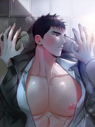 Rule 34 | 2boys, bara, bare pectorals, black hair, blush, chlthd 990, coat, collared shirt, couple, half-closed eyes, hand pov, highres, hood, hooded coat, large pectorals, looking to the side, male focus, manly, multiple boys, nipples, on floor, open clothes, open shirt, original, pectorals, shirt, short hair, spiked hair, sweat, sweatdrop, unbuttoned