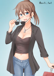 Rule 34 | 1girl, alternate costume, anti (untea9), black camisole, black coat, blue background, blue eyes, blue pants, breasts, brown hair, camisole, cleavage, coat, commentary request, cowboy shot, denim, unworn eyewear, gradient background, highres, holding, holding removed eyewear, intrepid (kancolle), jeans, jewelry, kantai collection, large breasts, looking at viewer, luggage, necklace, pants, ponytail, short hair, solo, twitter username
