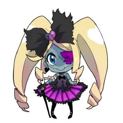 Rule 34 | 10s, 1girl, adapted costume, alternate costume, big hair, blonde hair, blue eyes, bow, cane, chibi, dress, drill hair, earrings, eyepatch, glasgow smile, hair bow, halloween, harime nui, heart, heart earrings, jewelry, kill la kill, long hair, smile, solo, stitches, twin drills, twintails, uri (uryu002)
