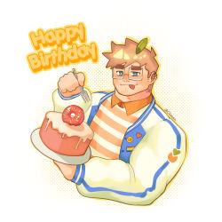 Rule 34 | 1boy, :p, absurdres, bara, borrowed character, cake, cliosow, cropped torso, facial hair, food, gift art, glasses, goatee stubble, happy birthday, highres, huge eyebrows, light brown hair, male focus, muscular, muscular male, oc (yogireji), original, short hair, solo, stubble, tongue, tongue out
