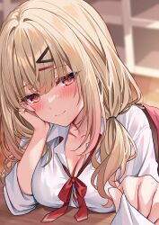 Rule 34 | 1girl, absurdres, blonde hair, blurry, blurry background, blush, breast rest, breasts, button gap, cheek rest, cleavage, closed mouth, clothes pull, collared shirt, colored tips, elbow rest, gradient hair, hair ornament, hair over shoulder, hairclip, hand on own face, highres, hizuki higure, holding, indoors, large breasts, long hair, looking at viewer, low twintails, multicolored hair, neck ribbon, original, pov, red eyes, red ribbon, ribbon, school uniform, shirt, shirt pull, sidelocks, sitting, sleeves rolled up, smile, solo focus, twintails, upper body, white shirt