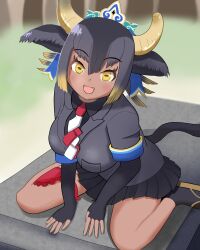 Rule 34 | 1girl, absurdres, animal ears, black hair, black shirt, black skirt, black socks, blonde hair, blush, collared shirt, cow ears, cow girl, cow horns, cow tail, crown, elbow gloves, fingerless gloves, gloves, goshingyu-sama (kemono friends), grey jacket, hair between eyes, harusan adelie, highres, horns, jacket, kemono friends, looking at viewer, multicolored hair, necktie, open mouth, pleated skirt, red necktie, sandals, shirt, short hair, short sleeves, sidelocks, sitting, skirt, smile, socks, solo, tail, thigh strap, two-tone necktie, wariza, white necktie, yellow eyes
