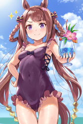 Rule 34 | absurdres, animal ears, black one-piece swimsuit, blue sky, breasts, brown hair, casual one-piece swimsuit, cloud, commentary request, covered navel, drink, hair rings, highres, horizon, horse ears, horse girl, horse tail, long hair, looking at viewer, mikumo (lpmkookm), ocean, one-piece swimsuit, purple eyes, sky, small breasts, smile, smug, solo, standing, sweep tosho (monopolizing the chill?) (umamusume), sweep tosho (umamusume), swimsuit, tail, twintails, umamusume