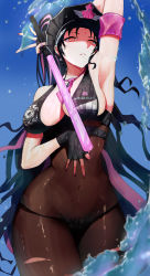 Rule 34 | 1girl, absurdres, arm behind head, arm up, armpits, bare shoulders, bikini, black bikini, black gloves, black hair, black hat, black pantyhose, blue sky, blush, breasts, cleavage, covered navel, facial mark, fate/grand order, fate (series), fingerless gloves, forehead mark, gloves, halterneck, hat, highres, large breasts, long hair, looking at viewer, multicolored hair, necktie, pantyhose, parted bangs, parted lips, pink hair, pink necktie, police hat, ponytail, rororo, sessyoin kiara, sessyoin kiara (swimsuit mooncancer), sessyoin kiara (swimsuit mooncancer) (second ascension), shaded face, sky, solo, streaked hair, swimsuit, thighs, traffic baton, very long hair, wading, water, wet, yellow eyes
