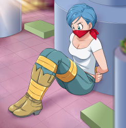 Rule 34 | 1girl, absurdres, angry, arms behind back, bandana, bandana over mouth, bdsm, blue eyes, blue hair, bondage, boots, bound, bound ankles, bound legs, bound wrists, breasts, bulma, cleavage, cloth gag, denim, dragon ball, dragon ball super, earrings, female focus, gag, gagged, high heel boots, high heels, highres, improvised gag, jeans, jewelry, lost one zero, matching hair/eyes, mature female, medium breasts, over the nose gag, pants, shirt, shoes, short hair, tape, tape bondage, white shirt