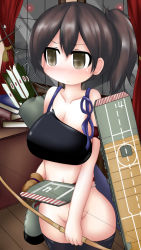 Rule 34 | 10s, 1girl, arrow (projectile), black thighhighs, blush, book, book stack, bow (weapon), breasts, brown eyes, brown hair, cleavage, collarbone, covering privates, covering crotch, cowboy shot, curtains, desk, female focus, flight deck, frown, gloves, groin, holding, indoors, kaga (kancolle), kantai collection, large breasts, looking away, muneate, no pants, ouno (nounai disintegration), partially fingerless gloves, partly fingerless gloves, quiver, side ponytail, solo, tasuki, thighhighs, weapon, window, yugake