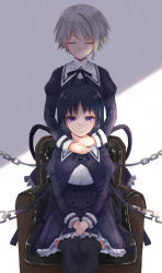Rule 34 | 2girls, absurdres, armchair, assault lily, behind another, black hair, black ribbon, black skirt, black thighhighs, breasts, buttons, chain, chained, chair, closed eyes, closed mouth, commentary request, cropped jacket, expressionless, facing viewer, grey background, grey hair, hand on another&#039;s neck, hands on lap, hands up, high-waist skirt, highres, juliet sleeves, kawazoe misuzu, light particles, long hair, long sleeves, looking at viewer, medium breasts, miniskirt, multiple girls, neck ribbon, no mouth, on chair, puffy sleeves, purple eyes, ribbon, school uniform, shade, shirai yuyu, shirt, short hair, sitting, skirt, standing, thighhighs, two-tone background, very long hair, white background, white shirt, yozakurayuyu, yurigaoka girls academy school uniform