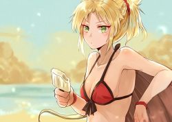 Rule 34 | 1girl, aili (aliceandoz), bikini, blonde hair, fate/grand order, fate (series), food, green eyes, ice cream, looking at viewer, mordred (fate), mordred (fate/apocrypha), mordred (swimsuit rider) (first ascension) (fate), ponytail, popsicle, red bikini, string bikini, swimsuit, upper body