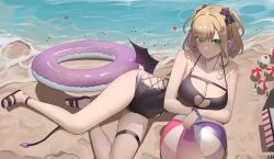 Rule 34 | 1girl, absurdres, ball, bare arms, bare shoulders, beach, beachball, bead bracelet, beads, black footwear, black one-piece swimsuit, blonde hair, bracelet, breasts, cleavage, closed mouth, collarbone, commission, demon tail, demon wings, giant, giantess, green eyes, hair ornament, highres, innertube, iris black games, jewelry, jeze, kurumi noah, large breasts, long legs, looking at viewer, lying, medium hair, ocean, on side, one-piece swimsuit, outdoors, pixiv commission, sandals, smile, solo focus, swim ring, swimsuit, tail, thigh strap, thighs, two side up, virtual youtuber, vspo!, water, wings