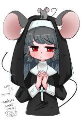 Rule 34 | 1girl, alternate costume, animal, animal ears, animal on head, closed mouth, cropped torso, cross, cross necklace, english text, grey hair, habit, hands up, highres, interlocked fingers, jewelry, kakigoori (xm3lz), long sleeves, looking at viewer, mouse (animal), mouse ears, mouse girl, nazrin, necklace, nun, on head, own hands clasped, own hands together, praying, red eyes, short hair, solo, tears, touhou, upper body, veil