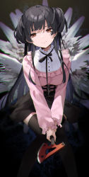 Rule 34 | 1girl, axe, black hair, black skirt, black thighhighs, blunt bangs, blunt ends, expressionless, feet out of frame, frilled sleeves, frills, hakasesuitchi, holding, holding axe, idolmaster, idolmaster shiny colors, invisible chair, long sleeves, looking away, mayuzumi fuyuko, pink shirt, shirt, sitting, skirt, solo, thighhighs, two side up, wings