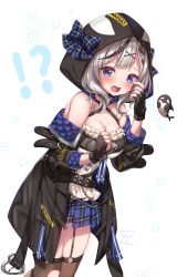 Rule 34 | !?, 1girl, absurdres, alternate color, alternate eye color, bare shoulders, belt, black belt, black gloves, black hair, black jacket, blue bow, blue nails, blue skirt, blush, bow, breasts, brown thighhighs, commentary request, dated, fingerless gloves, garter straps, gloves, hair ornament, highres, hololive, hood, hood up, jacket, kashiba aira, large breasts, long sleeves, looking at viewer, medium hair, multicolored hair, nail polish, off shoulder, open mouth, plaid, plaid bow, plaid skirt, sakamata chloe, sakamata chloe (1st costume), shirt, silver hair, skirt, solo, standing, streaked hair, tearing up, thighhighs, torn clothes, torn thighhighs, twitter username, virtual youtuber, white background, white shirt, x hair ornament