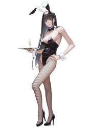 Rule 34 | 1girl, animal ears, bare shoulders, black hair, black leotard, blunt bangs, bow, bowtie, breasts, champagne flute, closed mouth, commentary request, cup, detached collar, drink, drinking glass, fake animal ears, fishnet pantyhose, fishnets, full body, hand on own hip, high heels, holding, holding tray, kaoming, leotard, long hair, looking at viewer, medium breasts, original, pantyhose, playboy bunny, rabbit ears, second-party source, solo, standing, strapless, strapless leotard, tray, white background, wrist cuffs, yokosuka mai