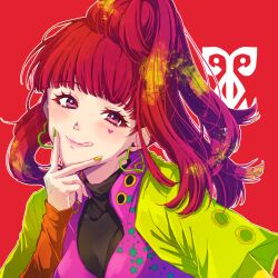 Rule 34 | 1girl, 24mbb, blunt bangs, earrings, gloves, gnosia, heart, heart earrings, heart tattoo, high ponytail, jewelry, long hair, long sleeves, looking at viewer, nail polish, red eyes, red hair, smile, solo, sq (gnosia), tattoo, turtleneck, upper body