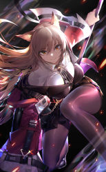 Rule 34 | 1girl, animal ears, arknights, black background, black footwear, black necktie, blush, breasts, brown eyes, brown jacket, brown pantyhose, calder, cat ears, cat girl, commentary request, high heels, highres, holding, holding staff, jacket, large breasts, long hair, looking at viewer, necktie, on one knee, open clothes, open jacket, pantyhose, parted lips, red jacket, shirt, skyfire (arknights), smile, solo, staff, vertical-striped clothes, vertical-striped necktie, white shirt