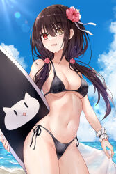 Rule 34 | 1girl, :d, asle, beach, bikini, black hair, blue sky, breasts, clock eyes, cloud, date a live, day, flower, hair flower, hair ornament, heterochromia, highres, holding, holding surfboard, long hair, low twintails, medium breasts, navel, open mouth, outdoors, red eyes, sarong, side-tie bikini bottom, sky, smile, solo, stomach, sunlight, surfboard, swimsuit, symbol-shaped pupils, tokisaki kurumi, twintails, wet, yellow eyes