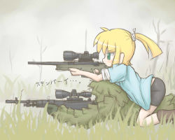 Rule 34 | 1boy, 1girl, accuracy international, ai arctic warfare, bike shorts, blonde hair, bolt action, call of duty, call of duty 4, captain macmillan, ghillie suit, grass, green eyes, gun, iris (material sniper), lying, m 21, material sniper, ponytail, rifle, ruku rx, scope, sleeves rolled up, sniper rifle, straddling, translated, weapon
