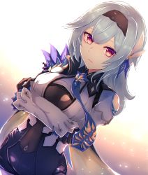 Rule 34 | 1girl, backlighting, black gloves, black hairband, black leotard, blue cape, blue hair, blue necktie, blush, breasts, cape, commentary request, crossed arms, eula (genshin impact), genshin impact, gloves, hair ornament, hairband, highres, large breasts, leotard, long sleeves, looking at viewer, medium hair, necktie, purple eyes, reizouko, revision, sidelocks, solo, thighhighs