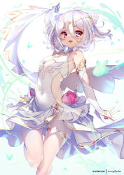 Rule 34 | 1girl, arm up, bridal garter, bridal gauntlets, cone hair bun, covered navel, dress, hair between eyes, hair bun, hair ornament, hong (white spider), kokkoro (ceremonial) (princess connect!), kokkoro (princess connect!), legs, open mouth, patreon username, pink eyes, pointy ears, princess connect!, short hair, smile, solo, standing, standing on one leg, thighs, white dress, white hair