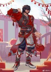 Rule 34 | 1boy, artist request, bara, beard, belt, braid, chinese clothes, chinese new year, costume request, facial hair, final fantasy, final fantasy xiv, full body, highres, holding, holding lantern, hy the highlander, lantern, light smile, looking at viewer, male focus, mature male, medium hair, multiple braids, mustache, red theme, second-party source, shoes, solo, thick eyebrows, warrior of light (ff14)