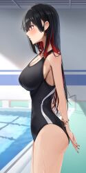 Rule 34 | 1girl, absurdres, amane sora, arms behind back, black hair, black nails, black one-piece swimsuit, blush, breasts, cleavage, colored inner hair, commentary request, competition swimsuit, covered navel, from side, highres, large breasts, long hair, multicolored hair, nail polish, one-piece swimsuit, original, parted lips, pool, red eyes, red hair, solo, swimsuit, thighs, water, wet