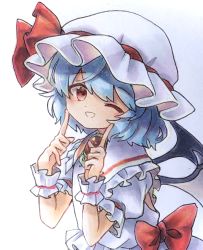 Rule 34 | 1girl, bad id, bad twitter id, bat wings, blue hair, bow, brooch, commentary request, dress bow, frilled shirt, frilled shirt collar, frilled sleeves, frills, hat, hat ribbon, highres, hisako (6anmbblfnjueeff), jewelry, mob cap, puffy short sleeves, puffy sleeves, red bow, red eyes, red ribbon, remilia scarlet, ribbon, ribbon trim, shirt, short hair, short sleeves, solo, touhou, traditional media, upper body, wavy hair, white background, wings, wrist cuffs