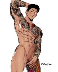 Rule 34 | 1boy, abs, arm behind head, arm tattoo, ass, ass tattoo, bara, black hair, blur censor, censored, chest tattoo, closed mouth, completely nude, erection, large pectorals, leg tattoo, male focus, muscular, muscular male, nanbong, navel, nipples, nude, original, pectorals, penis, short hair, shoulder tattoo, smile, solo, tattoo, thick thighs, thighs, twitter username, white background