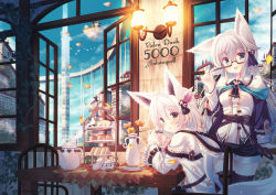 Rule 34 | 2girls, animal ears, black legwear, blush, capelet, chair, cup, day, fantasy, floating island, food stand, fox ears, fox girl, fox tail, german text, glasses, grey hair, hair between eyes, hand up, holding, holding cup, indoors, jacket, long hair, long sleeves, looking at viewer, looking back, milestone celebration, misaki yuu, multiple girls, open mouth, original, parted lips, petals, plate, semi-rimless eyewear, smile, standing, sugar bowl, sugar cube, table, tablecloth, tail, teacup, teapot, thick eyebrows, thighhighs, tiered tray, town, under-rim eyewear, vase, white hair, window