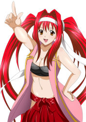 Rule 34 | 00s, 1girl, breasts, brown eyes, cleavage, collarbone, female focus, hair ornament, hair ribbon, hand on own hip, ikkitousen, index finger raised, kanpei, large breasts, long hair, long twintails, looking at viewer, navel, open mouth, red hair, red skirt, ribbon, simple background, skirt, smile, solo, twintails, white background, white ribbon