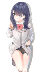 Rule 34 | 1girl, absurdres, bare legs, black hair, black skirt, blue eyes, blush, bow, bowtie, breasts, cardigan, collared shirt, commentary request, from above, gridman universe, highres, long hair, long sleeves, looking to the side, medium hair, orange scrunchie, pleated skirt, red bow, red bowtie, school uniform, scrunchie, shirt, simple background, skirt, solo, ssss.gridman, straight hair, takarada rikka, toratora (nanahaba), white background, white cardigan, white shirt, wrist scrunchie
